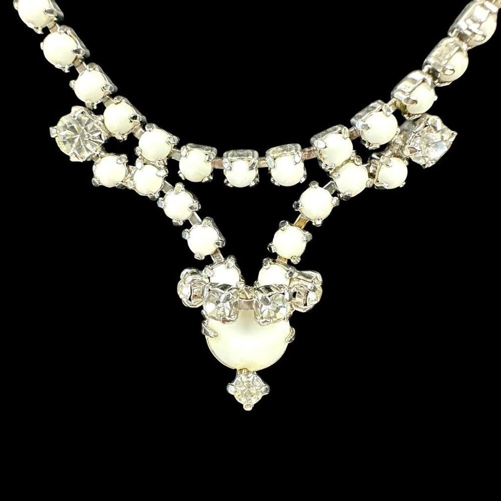 Vintage Rhinestone & Milk Glass Formal Statement Necklace Clear White Sparkle